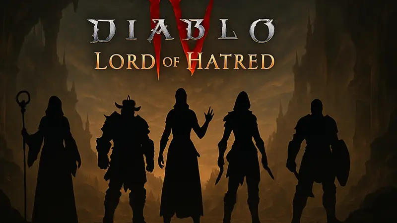 Логотип Diablo 4 Lord of Hatred и изображение персонажей разных классов