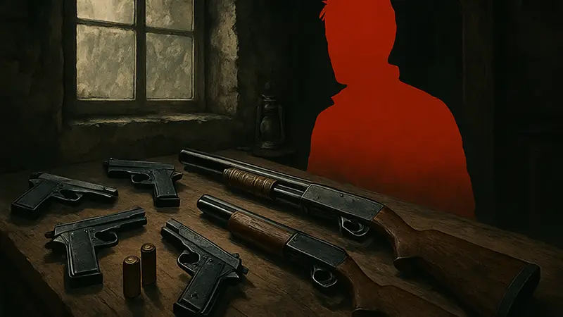 Разнообразное оружие из Resident Evil Village, включая пистолеты и дробовики, на столе.