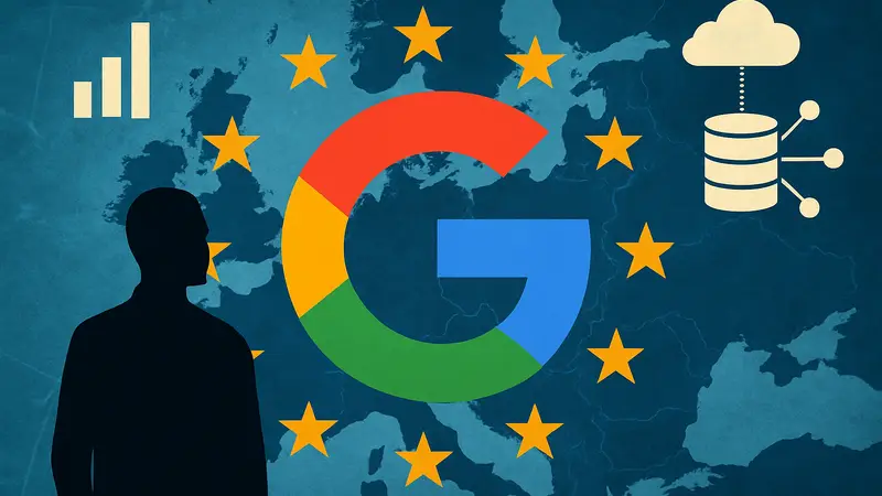 Логотип Google на фоне карты Европы и символов данных