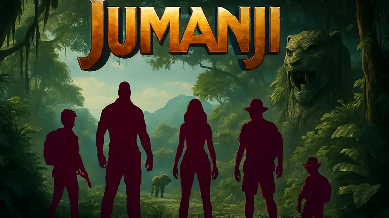 Постер Jumanji: Open World с главными актерами и элементами джунглей, отражающий приключенческий жанр фильма.