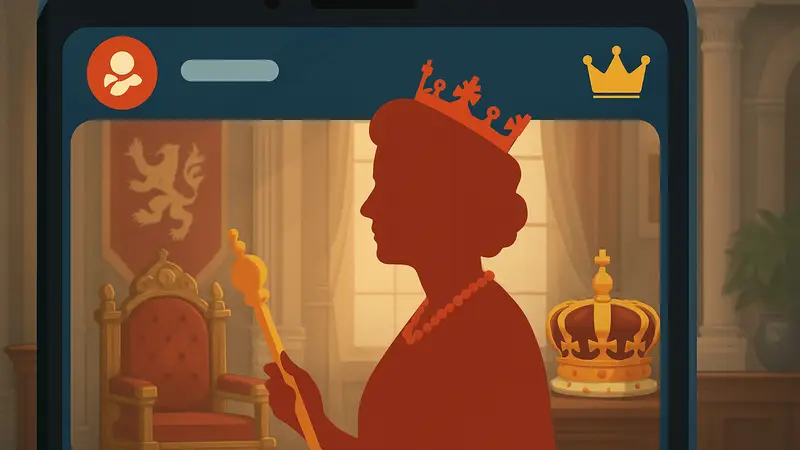 Изображение игрового процесса Bitlife с королевой и элементами монархии, символизирующими королевский титул