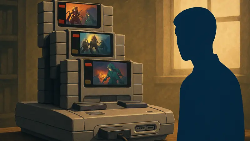Коллекция старых картриджей SNES, лежащих на ретро-консоли, символизирующих забытые RPG.
