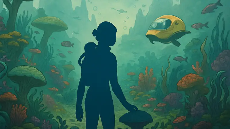 Обложка игры Aquamarine: Explorer's Edition с подводным пейзажем, инопланетной флорой и фауной.