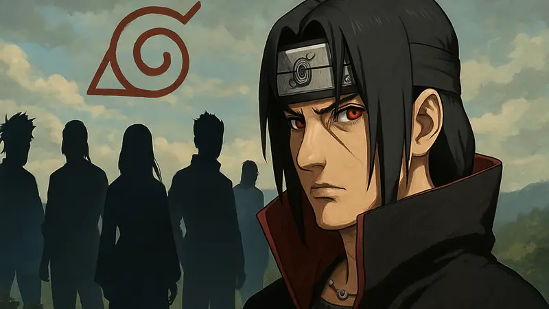 Итачи Учиха использует Шаринган, на фоне другие персонажи Наруто и символ Конохи