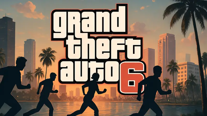 Логотип игры Grand Theft Auto 6 на фоне города Вайс-Сити, с силуэтами избегающих его разработчиков на горизонте