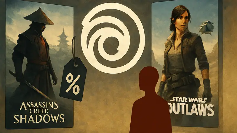 Логотип Ubisoft с изображением скидок и обложек игр Assassin's Creed Shadows и Star Wars Outlaws