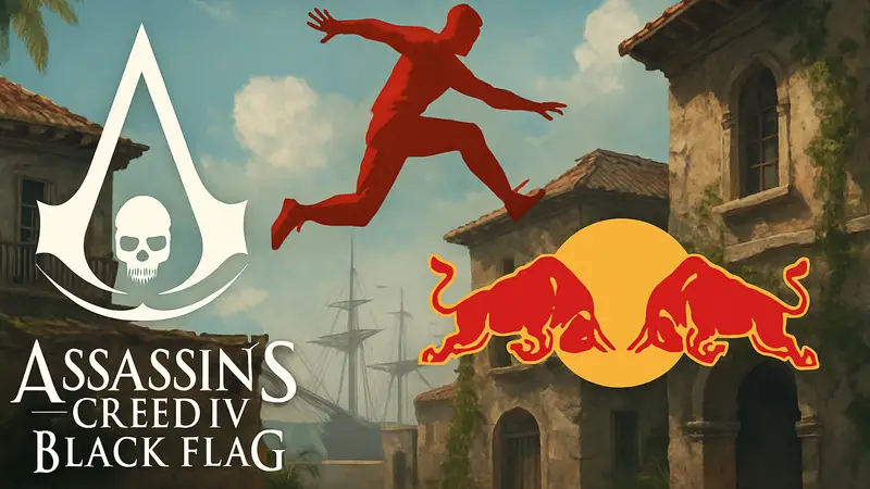 Логотипы Assassin's Creed Black Flag Resynced и Red Bull на фоне силуэта паркурщика, символизирующие коллаборацию.