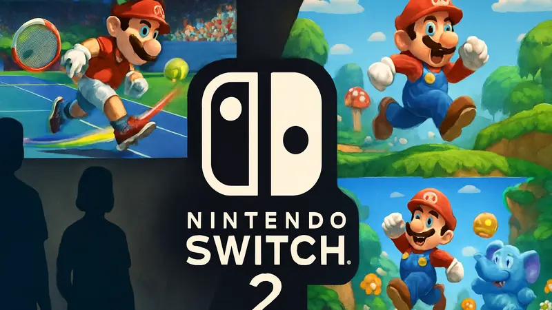 Логотип Nintendo Switch 2 на фоне скриншотов из Mario Tennis Fever и Super Mario Bros. Wonder, анонсы игр весны 2026.