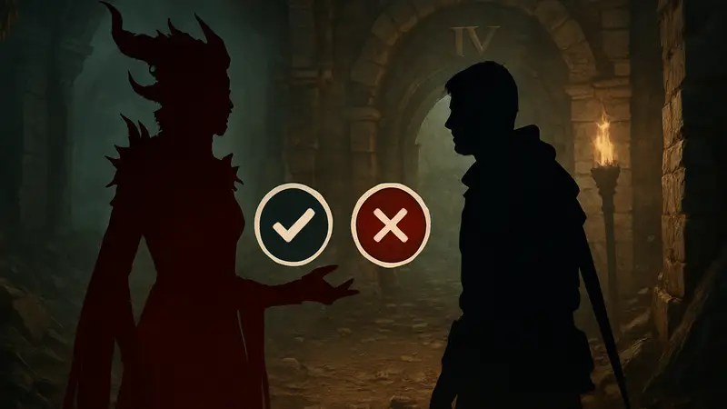 Адреона и игрок в диалоге, выбор решения в квесте Diablo 4