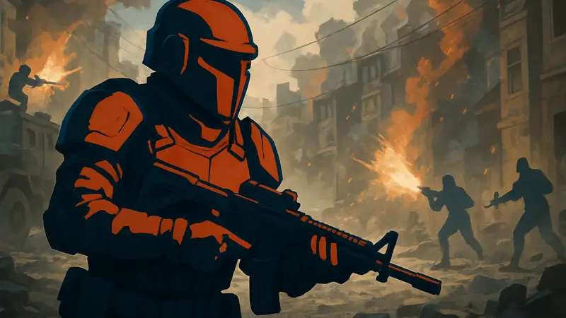 Игровой персонаж Highguard на фоне динамичной перестрелки, символизирующий конфликт оригинальности и усталых трендов.
