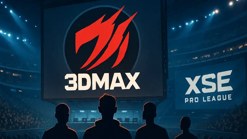 Логотип киберспортивной команды 3DMAX на фоне арены XSE Pro League.