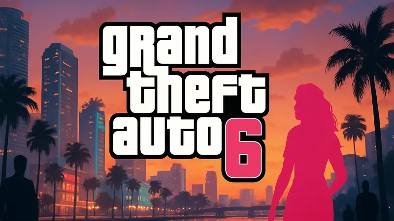 Логотип игры Grand Theft Auto 6 на фоне города Вайс-Сити, с указанием даты релиза.