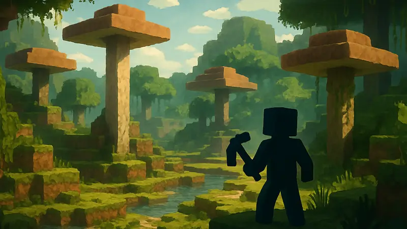 Minecraft персонаж исследует новый биом, концепт-арт новых обновлений Minecraft