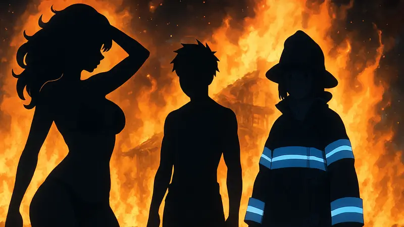 Кадр из аниме Fire Force, изображающий персонажей с элементами фансервиса на фоне огня.