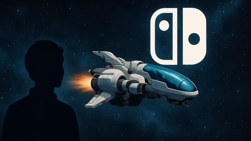Космический корабль R-Type Dimensions III в полёте на фоне звёздного неба и логотипа Nintendo Switch.