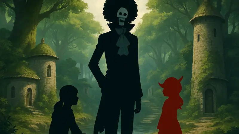 Изображение Брука из One Piece, возможно, с Канделлой и Шури, иллюстрирующее его прошлое.