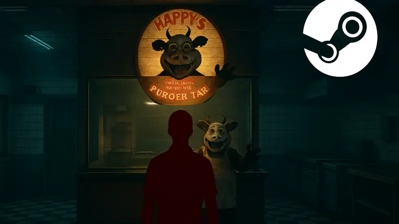 Скриншот из хоррор-игры Happy's Humble Burger Farm, логотип Steam.