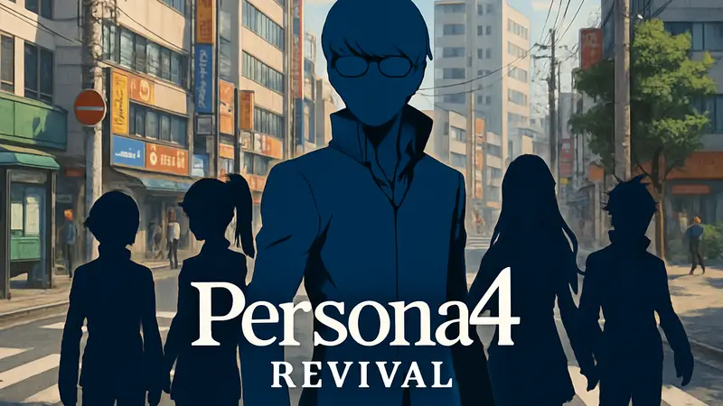 Обложка Persona 4 Revival, демонстрирующая главного героя и его компаньонов, на фоне корейской городской среды.