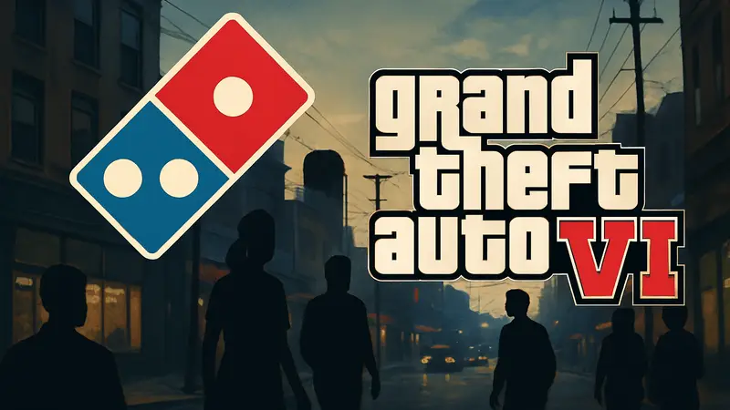 Логотип Domino's Pizza и логотип Grand Theft Auto 6 на одном изображении, символизирующие коллаборацию или шутку