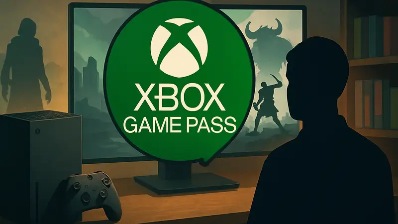 Логотип Xbox Game Pass на фоне консоли и игр.