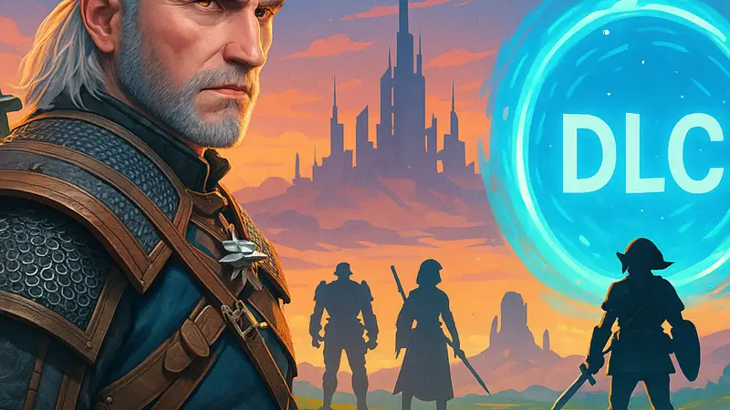Иллюстрация игр, ожидающих DLC, с изображением Геральта из "Ведьмака 3" на переднем плане, символизирующая новые игровые горизонты.