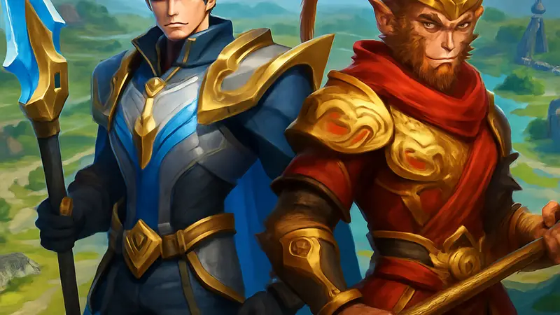 Новый герой Honor of Kings рядом с Укуном в его новом скине на фоне игровой карты MOBA