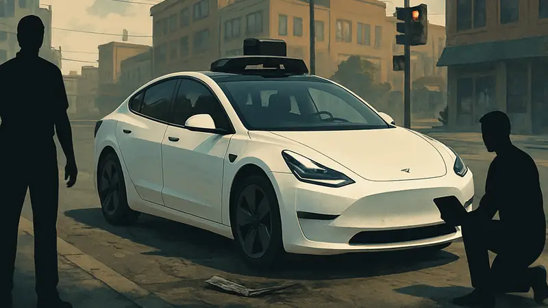 Автомобиль Tesla Robotaxi на дороге, возможно, после инцидента
