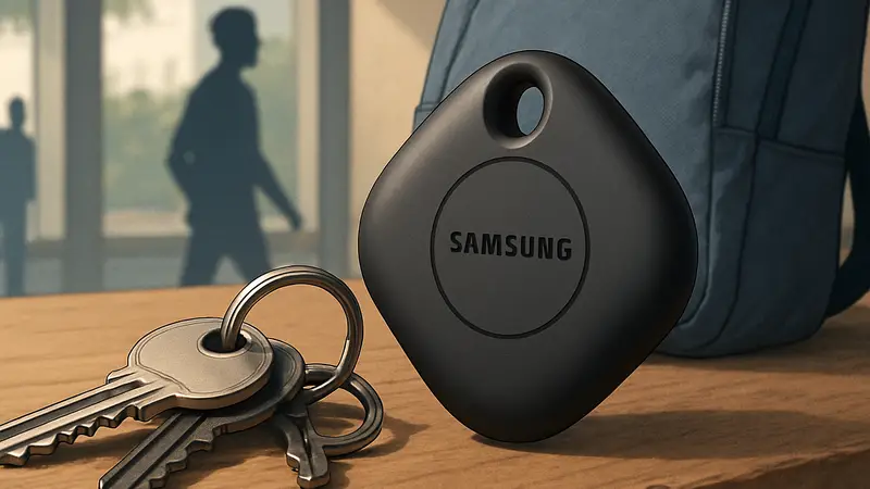 Bluetooth-трекер Samsung Galaxy SmartTag 2 рядом с ключами или рюкзаком, демонстрирующий его использование.