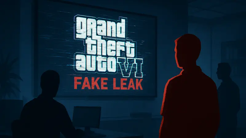 Логотип Grand Theft Auto VI с эффектом цифровых помех и надписью 'FAKE LEAK', символизирующей слухи о фальшивых утечках от Rockstar.