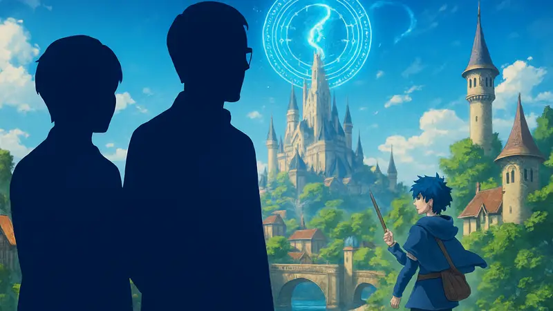 Создатели аниме Wistoria: Wand and Sword, Фудзино Омори и Тоси Аои, на фоне магического мира.