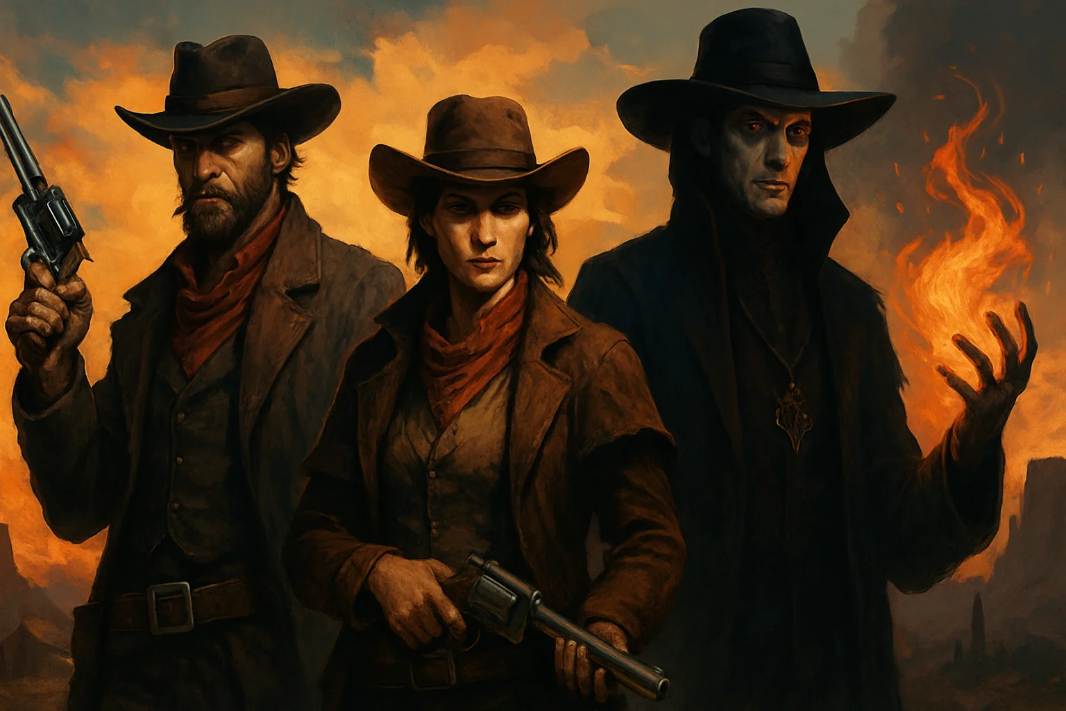 Изображение демонстрирует персонажей разных классов игры Tombwater в стиле Дикого Запада.