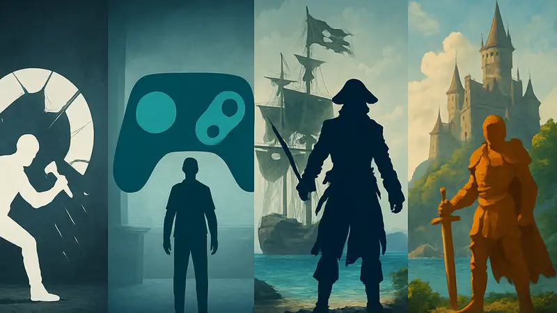 Изображения Denuvo, Steam Controller, AC Black Flag и Heroes of Might and Magic, символизирующие итоги апреля.