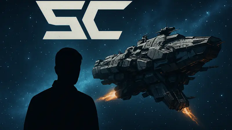 Космический корабль из Star Conflict на фоне звёздного неба и логотипа игры