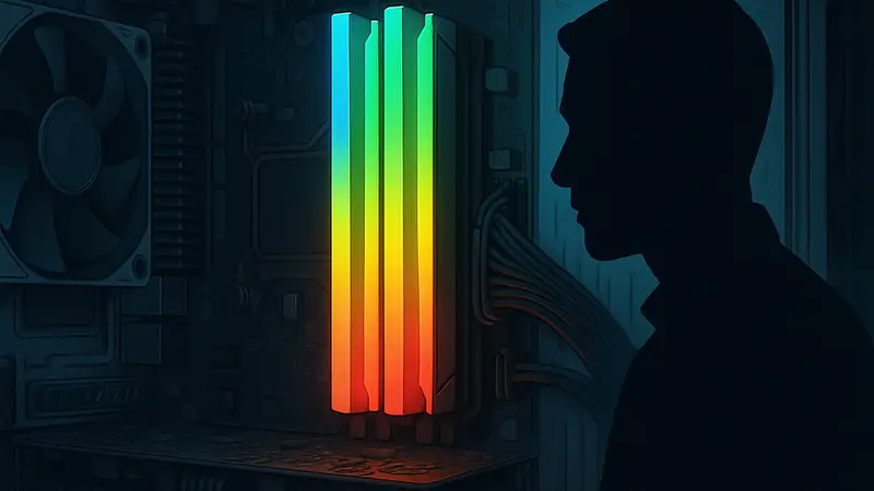 Декоративные модули оперативной памяти с RGB-подсветкой, установленные в материнскую плату, имитирующие двухканальный режим.