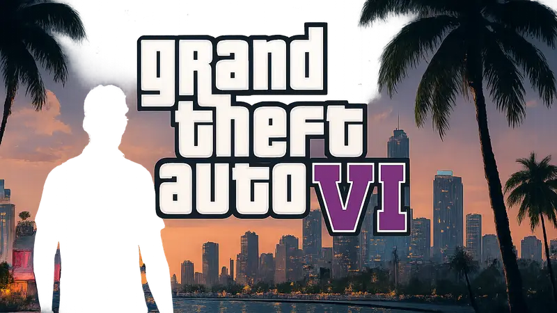 Логотип Grand Theft Auto 6 на фоне города Вайс-Сити.