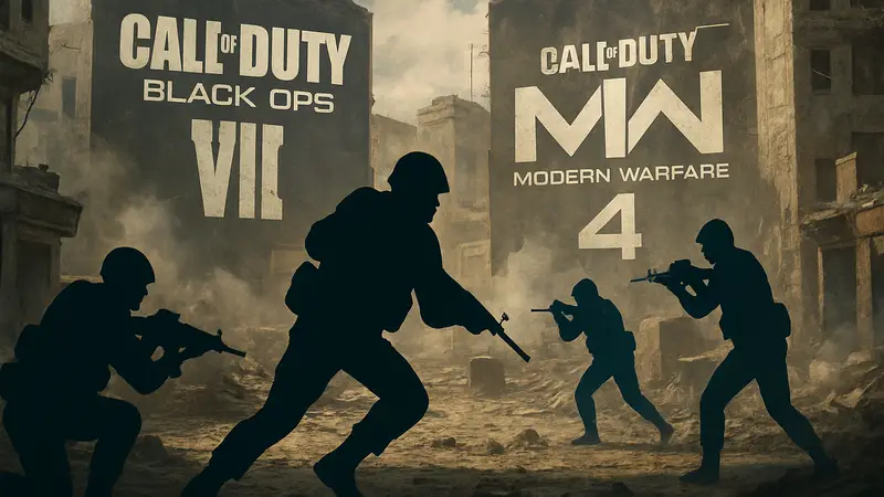 Игроки сражаются в сетевом режиме Call of Duty на фоне логотипов Black Ops 7 и Modern Warfare 4.