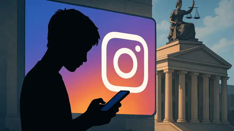 Подросток пользуется Instagram на смартфоне, на фоне логотипов соцсети и суда