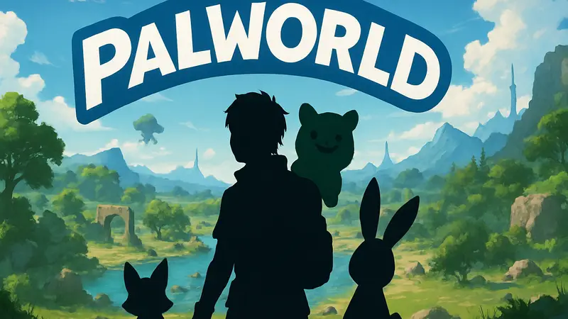 Логотип Palworld с палами и персонажем на фоне игрового мира