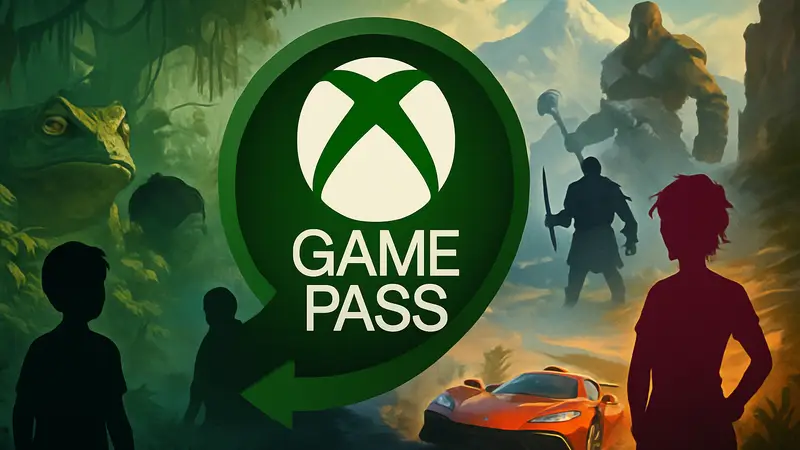 Логотип Xbox Game Pass с изображением нескольких новых игр, доступных по подписке