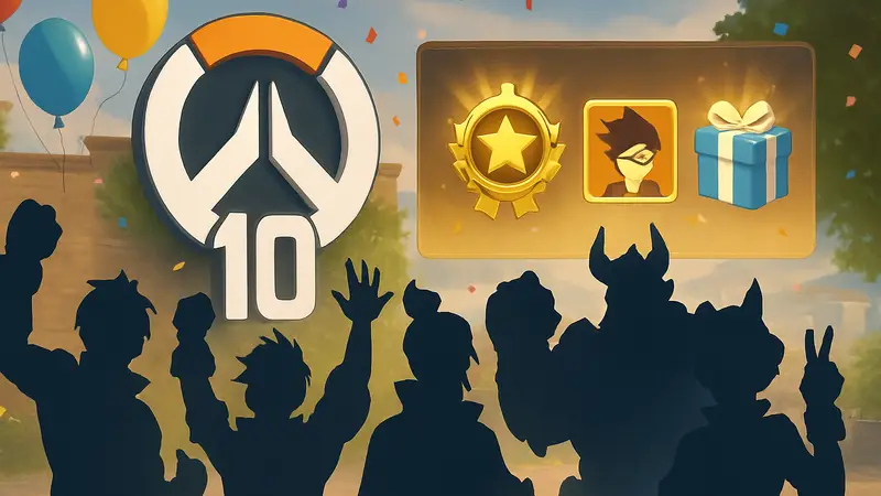 Герои Overwatch празднуют 10-летие, на фоне логотип игры и обновленные награды события.