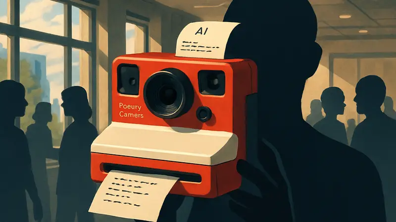 Гаджет Poetry Camera, пишущий ИИ-стихи, с красно-белым корпусом
