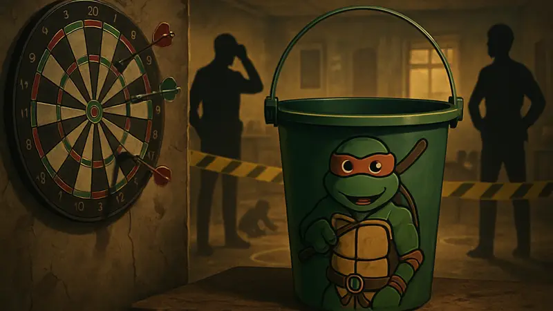 Изображение ведра Джона из TMNT и дартс в Crime Scene Cleaner Act 2 на фоне криминальной сцены.