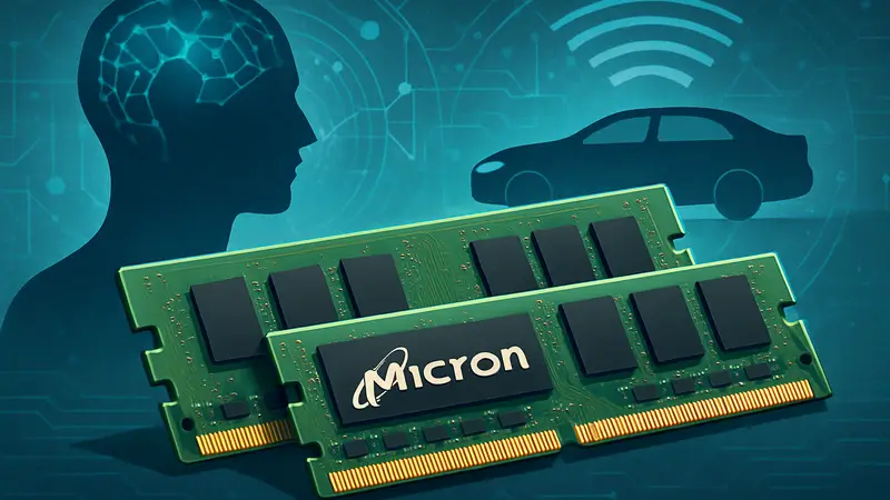 Микросхемы оперативной памяти Micron на фоне абстрактного изображения, символизирующего ИИ и автономные автомобили.