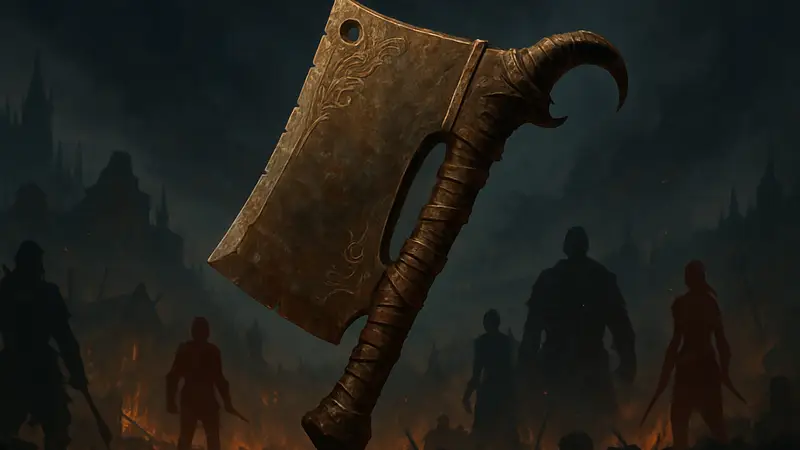 Изображение уникального топора Butcher's Cleaver в Diablo 4 на фоне Сезона Резни.