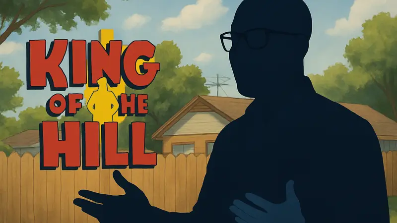 Саладин Паттерсон, шоураннер King of the Hill, на фоне логотипа сериала, обсуждает новые сезоны.