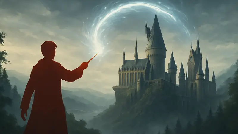 Герой Hogwarts Legacy применяет мощное заклинание, на фоне виднеется замок Хогвартс.