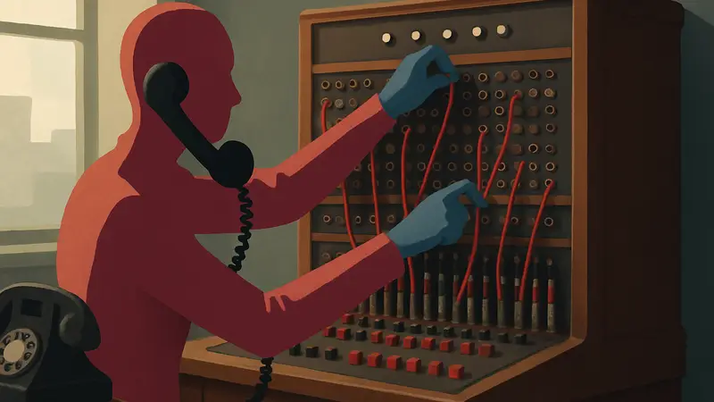 Игровой процесс Ringdown: Switchboard Puzzler, изображающий старый телефонный коммутатор с проводами и кнопками.