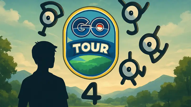 Изображение нескольких Unown из Pokemon GO, парящих вокруг логотипа GO: Tour Kalos. Получи 4 бесплатных Unown.