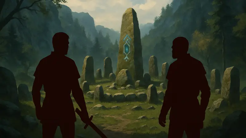 Герой из Gothic 1 Remake с Диего, исследующие локацию с Камнем Фокуса и Кругом Камней.