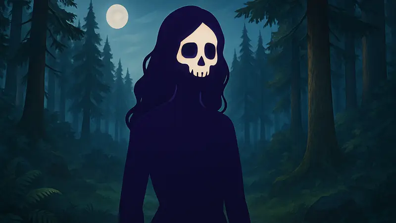 Изображение Девушки-черепа из игры Moonlight Peaks, стоящей в лесу.